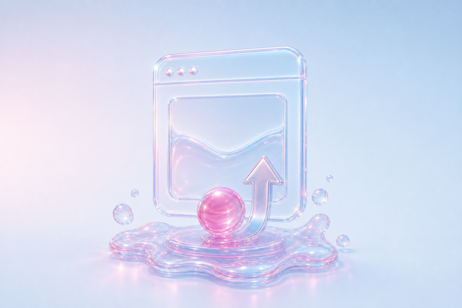 A compact glass browser rising from a liquid launch pad