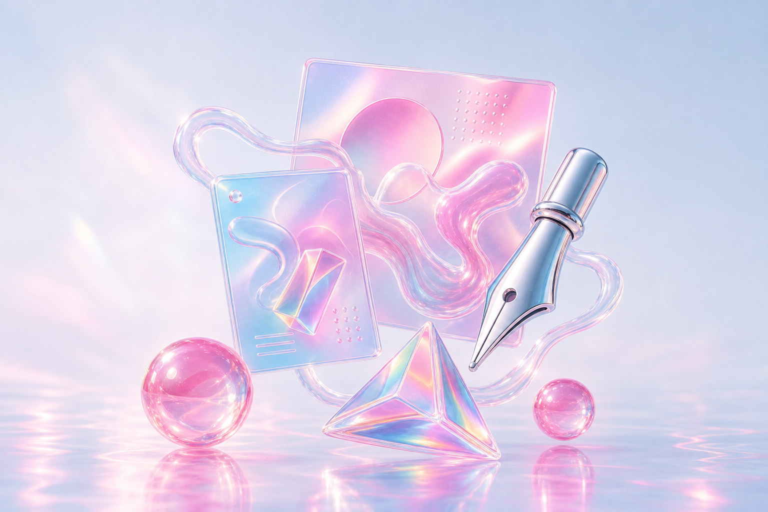 A chrome pen nib, holographic brand cards, prism, and pink glass spheres