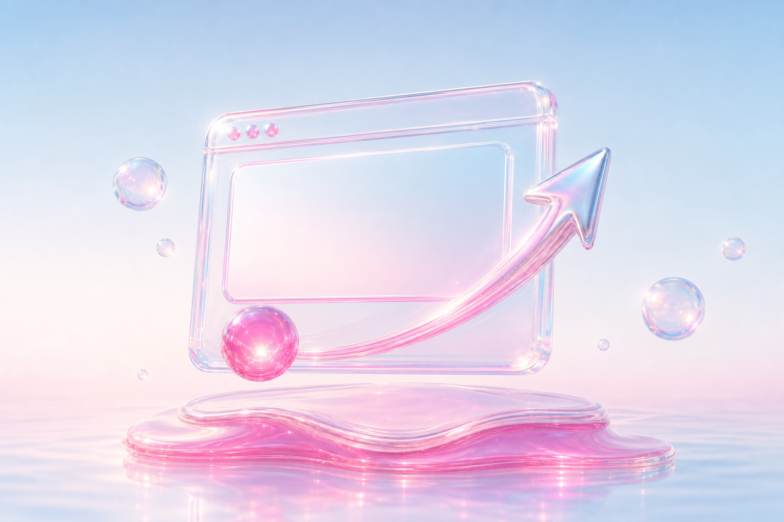 A floating liquid-glass browser with a chrome launch arrow and pink conversion orb