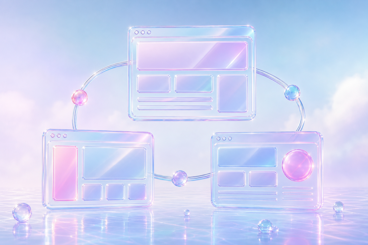 Three connected liquid-glass browser panels forming a website constellation