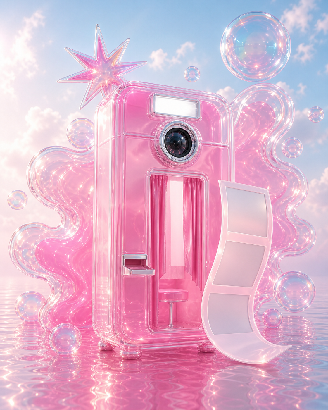 A joyful translucent pink photo booth with an instant photo strip and bubbles