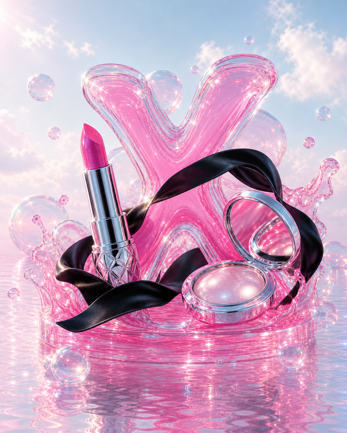 A luxury magenta glass X with makeup objects and a black silk ribbon