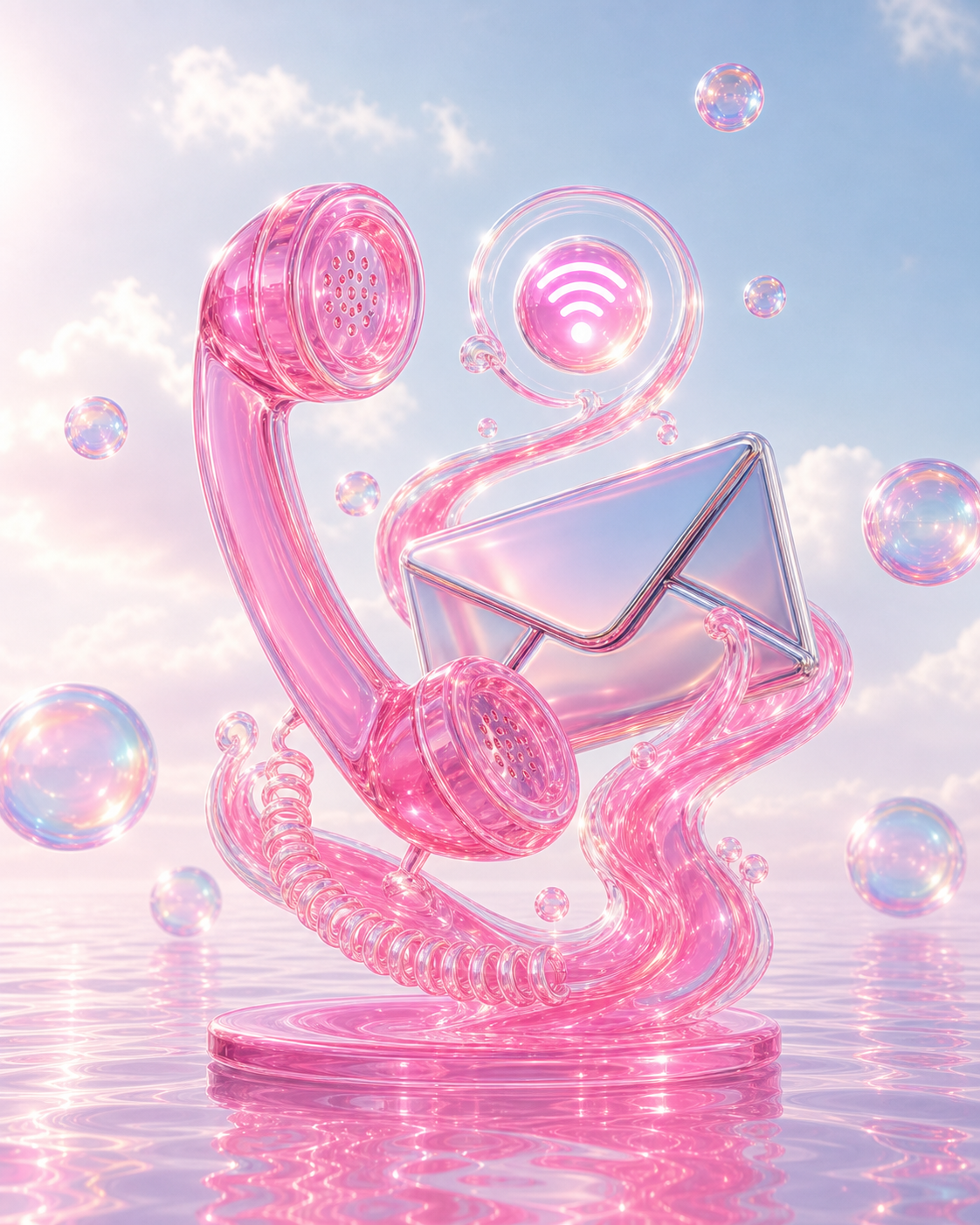 A translucent pink telephone, chrome envelope and glowing signal orb