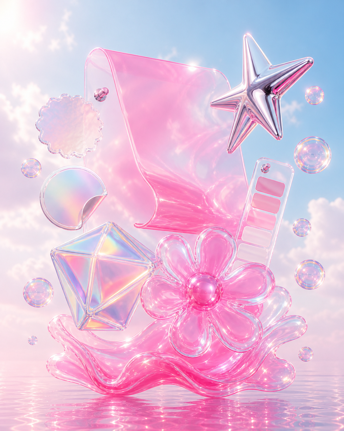 A floating brand campaign composition with a poster, chrome star, prism and glass flower