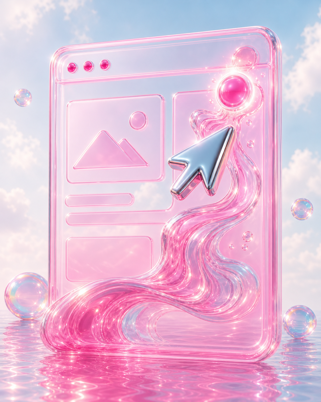 A translucent landing page portal with a chrome cursor and flowing pink glass