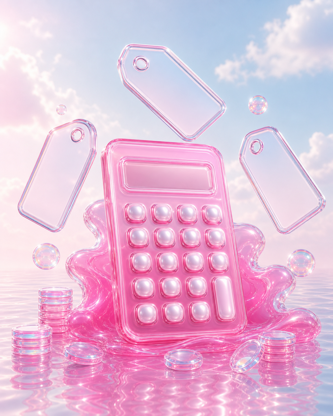 A translucent pink calculator with floating price tags and glass coins