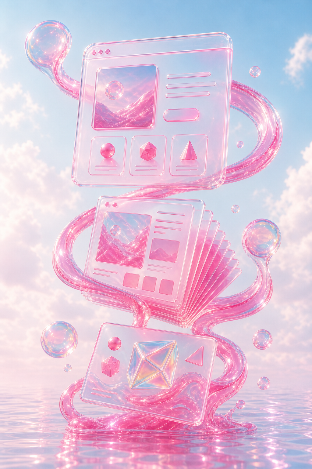 Three connected liquid-glass sculptures representing creative services