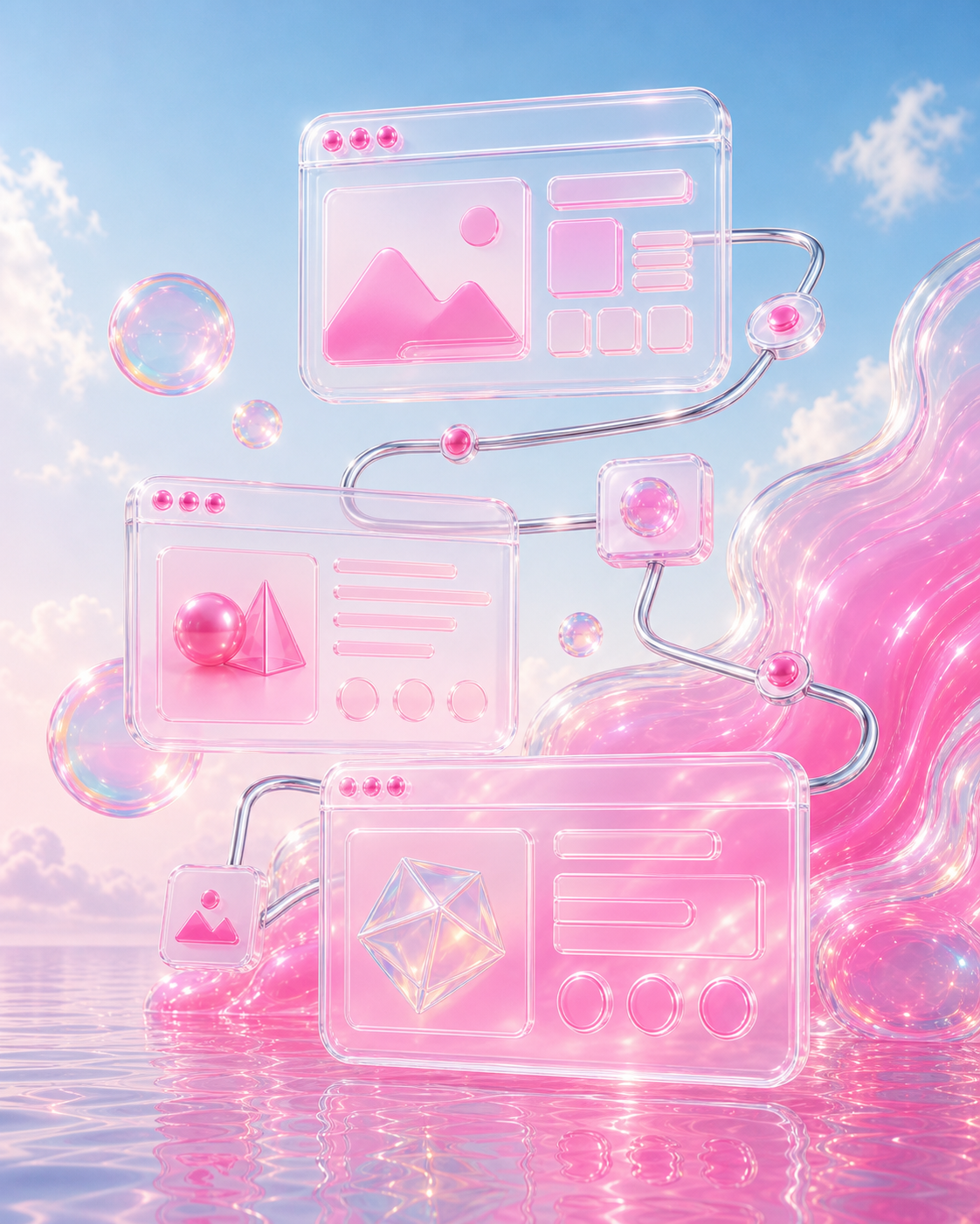 Connected translucent website windows forming a multi-page digital universe