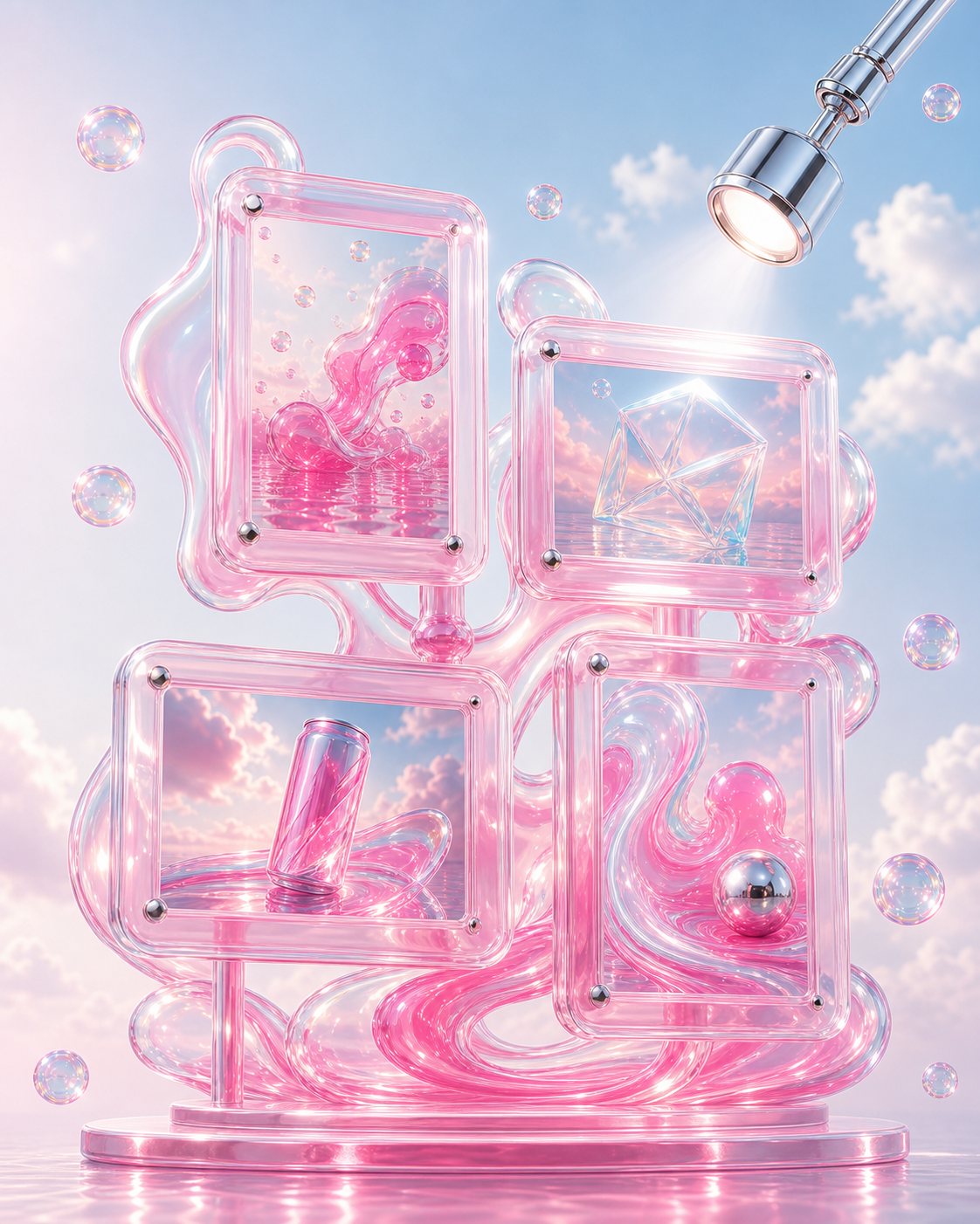 A curated gallery of four floating liquid-glass portfolio frames